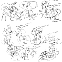 Size: 2000x2000 | Tagged: safe, artist:aurorafang, imported from derpibooru, oc, oc:aurorafang, oc:flurry, alicorn, pony, unicorn, book, dialogue, rule 63, sketch, smiling