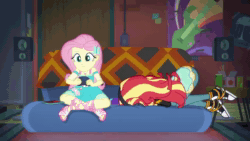 Size: 1280x720 | Tagged: safe, edit, edited screencap, imported from derpibooru, screencap, fluttershy, sunset shimmer, equestria girls, equestria girls series, game stream, spoiler:eqg series (season 2), animated, charmx, ear rape, rageset shimmer, screaming, sound, that pony sure have anger issues, webm