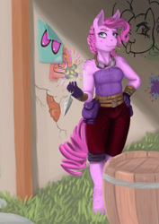 Size: 905x1280 | Tagged: safe, artist:blandy, imported from derpibooru, pinkie pie, anthro, earth pony, unguligrade anthro, clothes, dagger, fantasy class, female, gloves, goggles, graffiti, pants, poster, pouch, rogue, smiling, smoke bomb, solo, weapon