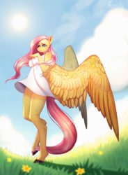 Size: 944x1280 | Tagged: safe, artist:millymay, imported from derpibooru, fluttershy, anthro, pegasus, unguligrade anthro, clothes, cloud, dress, female, flower, signature, sky, solo, spread wings, sun, wings