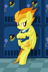 Size: 1496x2258 | Tagged: safe, artist:notadeliciouspotato, imported from derpibooru, spitfire, pegasus, pony, bipedal, bipedal leaning, clothes, crossed arms, feathered wings, female, leaning, lidded eyes, locker room, looking at you, mare, smiling, solo, uniform, wings, wonderbolts dress uniform