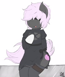 Size: 2000x2374 | Tagged: safe, artist:drawalaverr, imported from derpibooru, oc, oc only, oc:pulsse, earth pony, pony, 2b, blindfold, bow, clothes, cosplay, costume, dress, femboy, male, nier: automata, quadrupedal, simple background, sitting, smiling, socks, solo, tongue out