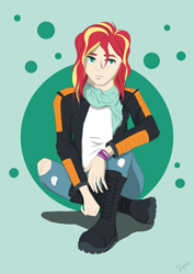 Size: 3508x4961 | Tagged: safe, artist:shyinka, imported from derpibooru, sunset shimmer, human, equestria girls, alternate design, boots, clothes, combat boots, human coloration, jacket, jeans, leather jacket, pants, ripped jeans, ripped pants, scarf, shoes, sitting, solo, torn clothes