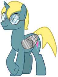 Size: 1243x1639 | Tagged: safe, artist:muhammad yunus, artist:tanahgrogot, imported from derpibooru, pony, unicorn, derpibooru community collaboration, 2021 community collab, artificial wings, augmented, base used, bedroom eyes, code lyoko, crossover, cutie mark, heart, jeremy belpois, male, ponified, prosthetic limb, prosthetic wing, prosthetics, smiling, solo, stallion, wings, yellow hair