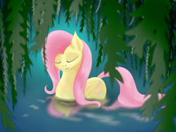 Size: 1024x768 | Tagged: safe, artist:tunrae, imported from derpibooru, fluttershy, pegasus, pony, behaving like a bird, behaving like a duck, cute, cutie mark, eyes closed, female, flutterduck, foliage, leaves, reflection, shyabetes, solo, swimming