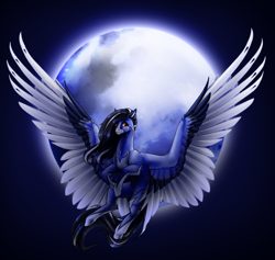 Size: 3698x3508 | Tagged: safe, artist:oneiria-fylakas, imported from derpibooru, oc, oc only, oc:azora, pegasus, pony, colored wings, female, mare, moon, multicolored wings, solo, wings