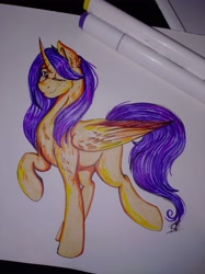 Size: 3016x4032 | Tagged: safe, artist:shamy-crist, imported from derpibooru, oc, oc only, alicorn, pony, one eye closed, raised hoof, solo, traditional art, wink