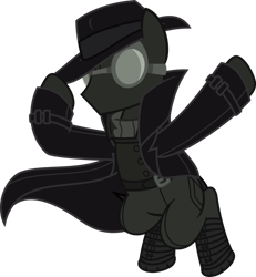 Size: 1280x1388 | Tagged: safe, artist:mlp-trailgrazer, imported from derpibooru, oc, oc only, oc:brogar, earth pony, pony, cloak, clothes, cosplay, costume, goggles, hat, male, simple background, solo, spider noir, spider-man noir, stallion, transparent background