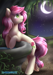 Size: 2149x3035 | Tagged: safe, artist:tokokami, imported from derpibooru, roseluck, earth pony, pony, bipedal, bipedal leaning, female, garden, leaning, looking up, mare, moon, night, solo