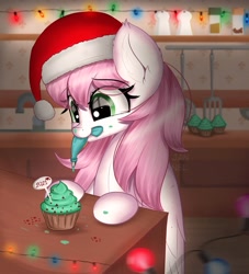 Size: 1961x2160 | Tagged: safe, artist:janelearts, imported from derpibooru, oc, oc only, pegasus, pony, christmas, cupcake, female, food, hat, holiday, icing bag, mare, mouth hold, santa hat, solo