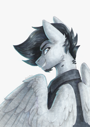 Size: 1664x2348 | Tagged: safe, artist:dorkmark, imported from derpibooru, oc, oc only, pegasus, pony, bust, clothes, facial hair, goatee, grin, jacket, looking back, looking over shoulder, male, portrait, scan, smiling, solo, stallion, traditional art