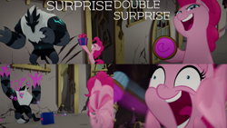 Size: 2000x1125 | Tagged: safe, edit, edited screencap, editor:quoterific, imported from derpibooru, screencap, pinkie pie, earth pony, pony, my little pony: the movie, bipedal, cupcake, food, holding a present, open mouth, present, storm guard