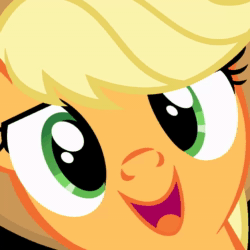 Size: 1024x1024 | Tagged: safe, artist:drpancakees, edit, imported from derpibooru, applejack, earth pony, pony, absurd resolution, ai assisted, ai content, animated, apple, close-up, doug dimmadome, face, female, fifteen.ai, hi anon, mare, meme, open mouth, smiling, solo, sound, that pony sure does love apples, webm
