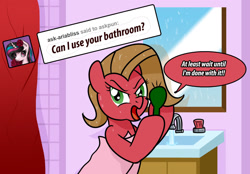 Size: 1280x892 | Tagged: safe, artist:ladyanidraws, imported from derpibooru, oc, oc only, oc:pun, earth pony, pony, ask pun, ask, bathroom, brush, solo, towel, we don't normally wear clothes, wet