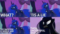 Size: 2000x1125 | Tagged: safe, edit, edited screencap, editor:quoterific, imported from derpibooru, screencap, princess luna, alicorn, pony, luna eclipsed, season 2, angry, female, gritted teeth, lightning, open mouth, solo
