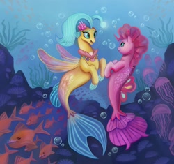 Size: 1280x1203 | Tagged: safe, artist:bartholomaei, imported from derpibooru, pinkie pie, princess skystar, fish, jellyfish, seapony (g4), my little pony: the movie, blue eyes, bubble, eyelashes, female, fin wings, fins, fish tail, flower, flower in hair, freckles, jewelry, lesbian, looking at each other, necklace, open mouth, pearl necklace, piranha, seaponified, seapony pinkie pie, seashell, seashell necklace, shipping, skypie, smiling, species swap, tail, underwater, water, wings
