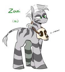 Size: 1042x1152 | Tagged: safe, artist:redxbacon, imported from derpibooru, oc, oc only, oc:zani, pony, zebra, male, ponytail, quadrupedal, simple background, skull, solo, stallion, white background