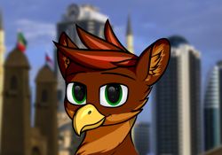 Size: 1785x1249 | Tagged: safe, alternate version, artist:colourwave, imported from derpibooru, oc, oc only, oc:fess, griffon, blurred background, blurry background, bust, chechnya, commission, ear fluff, griffon oc, looking at you, male, portrait, simple background, smiling, solo