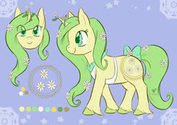 Size: 1280x904 | Tagged: safe, artist:foxhatart, imported from derpibooru, oc, oc only, oc:daisy chain, pony, unicorn, apron, bow, clothes, female, flower, mare, reference sheet, solo, tail bow