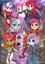 Size: 724x1023 | Tagged: safe, artist:the-dark-mangaka, imported from derpibooru, apple bloom, babs seed, diamond tiara, scootaloo, silver spoon, sweetie belle, equestria girls, armor, chromie, clothes, costume, cutie mark crusaders, deckard cain, female, hammer, heroes of the storm, illidan stormrage, king leoric, looking at you, sally whitemane, sonya, staff, war hammer, weapon