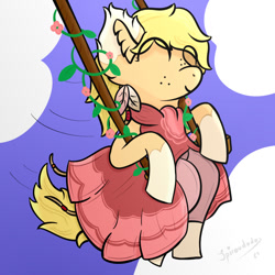 Size: 1000x1000 | Tagged: safe, artist:spiroudada, imported from derpibooru, oc, oc only, oc:cookie, earth pony, pony, clothes, cottagecore, cute, dress, earth pony oc, female, flower, pink, pink dress, princess dress, sky, solo, swing, swinging