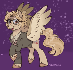 Size: 767x737 | Tagged: safe, artist:pigeorgien, imported from derpibooru, oc, oc only, oc:saturnalia cassini, oc:sickle rings, pegasus, pony, clothes, female, glasses, hoof fluff, mare, ponified, saturn, smiling, solo, spread wings, stars, suit, wings