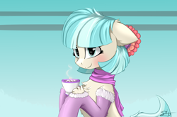 Size: 3250x2150 | Tagged: safe, artist:singovih, imported from derpibooru, coco pommel, earth pony, pony, blushing, clothes, cocobetes, coffee, cup, cute, female, food, hockless socks, looking at you, mare, scarf, simple background, sitting, smiling, socks, solo, teacup