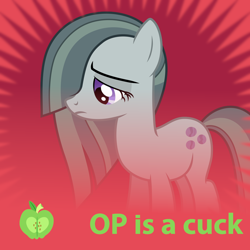 Size: 1024x1024 | Tagged: safe, editor:luzion, imported from ponybooru, big macintosh, marble pie, pony, derpibooru, cutie mark, female, mare, meta, official spoiler image, op is a cuck, ponybooru exclusive, sad, simple background, solo, spoiler image, spoiler tag, spoilered image joke, text, two toned mane
