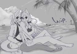 Size: 1522x1076 | Tagged: safe, artist:ero-bee, imported from derpibooru, oc, oc only, anthro, pegasus, plantigrade anthro, unicorn, beach, bikini, bikini bottom, bikini top, clothes, cloud, commission, feet, female, grayscale, horn, monochrome, outdoors, palm tree, pegasus oc, smiling, swimsuit, tree, unicorn oc, wings, wip, ych result