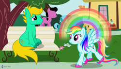 Size: 1280x732 | Tagged: safe, artist:parclytaxel, artist:starponys87, imported from derpibooru, rainbow swoop, spectrum, oc, oc:david starlyre, oc:flying colors, pegasus, asperger's syndrome, autism, autistic, bench, blue, blushing, cool, cyan, different mane and tail, female, green, love, love at first sight, male, mare, park, parody, rainbow, romance, sea green, stallion, village