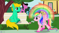 Size: 1280x732 | Tagged: safe, artist:parclytaxel, artist:starponys87, imported from derpibooru, rainbow swoop, spectrum, oc, oc:david starlyre, oc:flying colors, pegasus, asperger's syndrome, autism, autistic, bench, blushing, cool, different mane and tail, female, green, love, love at first sight, male, mare, park, parody, pink, rainbow, romance, sea green, stallion, village