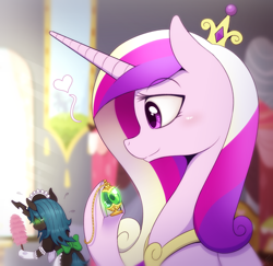 Size: 1200x1168 | Tagged: safe, artist:vavacung, imported from derpibooru, princess cadance, queen chrysalis, changeling, changeling queen, comic:misguided love, blushing, cadalis, clothes, dress, female, infidelity, lesbian, maid, shipping, skirt, socks, sweat, sweatdrop