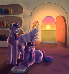 Size: 3000x3200 | Tagged: safe, artist:applejackofalltrades, imported from derpibooru, twilight sparkle, alicorn, pony, unicorn, book, bookshelf, duality, self ponidox, twilight sparkle (alicorn)