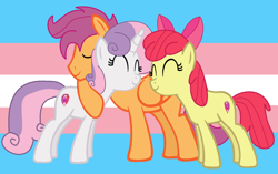 Size: 2010x1264 | Tagged: safe, artist:amelia-bases, artist:jadethepegasus, imported from derpibooru, apple bloom, scootaloo, sweetie belle, earth pony, pegasus, pony, unicorn, alternate hairstyle, apple bloom's bow, base used, bow, cutie mark crusaders, eyes closed, female, hair bow, hug, male, mare, older, older apple bloom, older cmc, older scootaloo, older sweetie belle, pride, pride flag, raised hoof, rule 63, scooteroll, stallion, support, trans male, transgender, transgender pride flag