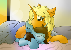 Size: 5945x4205 | Tagged: safe, artist:raktor, imported from derpibooru, oc, oc only, oc:dawnflash, oc:pawsie hooves, unicorn, absurd resolution, bed, covers, ear fluff, female, lens flare, lying down, male, mare, pillow, prone, smiling, snuggling, stallion, window