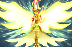 Size: 1920x1260 | Tagged: safe, artist:jphyperx, imported from derpibooru, sunset shimmer, human, equestria girls, friendship games, daydream shimmer, fire, glowing horn, horn, lens flare, sparks, wings