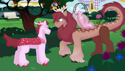 Size: 1280x732 | Tagged: safe, artist:itstechtock, imported from derpibooru, oc, oc only, oc:celeste, oc:hullabaloo, changepony, draconequus, hybrid, interspecies offspring, male, offspring, parent:discord, parent:fluttershy, parents:discoshy