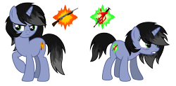 Size: 2744x1353 | Tagged: safe, artist:ragedox, imported from derpibooru, oc, oc:shainer shrapnel shock, pony, unicorn, angry, before and after, cutie mark, doom, doom equestria, doom eternal, female, gradient mane, green eyes, gun, marine, scar, simple background, slayer, solo, transparent background, vector, weapon