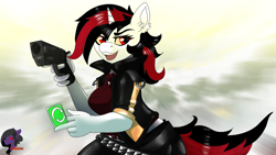 Size: 3840x2160 | Tagged: safe, artist:brainiac, imported from derpibooru, oc, oc:blackjack, anthro, plantigrade anthro, unicorn, fallout equestria, fallout equestria: project horizons, fanfic art, female, gun, mare, reverse card, solo, uno, weapon