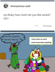 Size: 652x844 | Tagged: safe, artist:ask-luciavampire, imported from derpibooru, alicorn, dragon, pony, vampire, vampony, ask, clothes, socks, tumblr