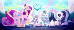 Size: 5400x2221 | Tagged: safe, artist:inspiredpixels, imported from derpibooru, princess cadance, princess flurry heart, shining armor, crystal pony, pony, alternate hairstyle, crystal heart, crystallized, older, older shining armor, story included