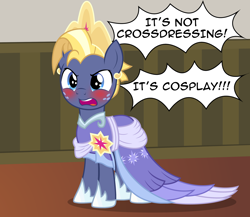 Size: 2488x2164 | Tagged: safe, artist:badumsquish, derpibooru exclusive, imported from derpibooru, star tracker, earth pony, pony, the last problem, angry, blushing, clothes, coronation dress, cosplay, costume, crossdressing, crown, cute, dialogue, dress, embarrassed, freckles, frown, implied twilight sparkle, jewelry, male, open mouth, pose, regalia, second coronation dress, shoes, show accurate, solo, stallion, trackerbetes, tsundere, yelling