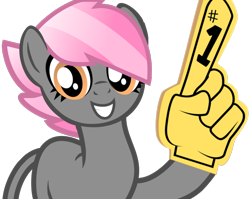 Size: 762x607 | Tagged: safe, artist:amgiwolf, imported from derpibooru, oc, oc only, oc:candy sweetti, earth pony, pony, earth pony oc, eyelashes, foam finger, grin, raised hoof, simple background, smiling, solo, transparent background