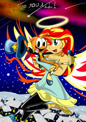 Size: 1024x1449 | Tagged: safe, artist:gizmo01, imported from derpibooru, sunset shimmer, equestria girls, blue fairy, clothes, cosplay, costume, friendshipping, hair over one eye, halo, hat, jiminy cricket, pinocchio, roleplaying, wander (wander over yonder), wander over yonder