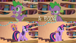 Size: 2000x1125 | Tagged: safe, edit, edited screencap, editor:quoterific, imported from derpibooru, screencap, spike, twilight sparkle, dragon, pony, unicorn, secret of my excess, :o, blushing, book, confetti, glowing horn, gritted teeth, horn, magic, magic aura, open mouth, unicorn twilight