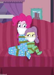 Size: 1920x2688 | Tagged: safe, artist:robukun, imported from derpibooru, lily pad (equestria girls), pinkie pie, equestria girls, bondage, bound and gagged, cloth gag, clothes, couch, footed sleeper, gag, pajamas, rope, rope bondage, tied up