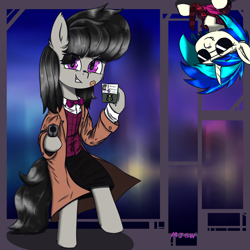 Size: 3000x3000 | Tagged: safe, artist:mjsw, imported from derpibooru, dj pon-3, octavia melody, vinyl scratch, earth pony, pony, unicorn, clothes, detective, duo, female, gun, handgun, mare, pistol, sketch, smiling, weapon