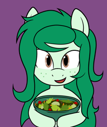 Size: 952x1125 | Tagged: safe, artist:scraggleman, imported from derpibooru, wallflower blush, earth pony, pony, cute, equestria girls ponified, flowerbetes, food, freckles, holding, looking at you, ponified, salad, smiling, solo