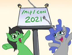 Size: 1080x823 | Tagged: safe, artist:anonymous, imported from ponybooru, oc, oc only, oc:contard, oc:filly anon, earth pony, pony, unicorn, /mlp/ con, 2021, billboard, duo, duo female, female, filly, horn, lights, long horn, looking at you, open mouth, sign, simple background, smiling, vestigial horn