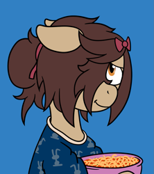 Size: 903x1018 | Tagged: safe, artist:scraggleman, imported from derpibooru, oc, oc:paradise skies, pegasus, pony, bowl, clothes, food, hair over one eye, pasta, smiling, solo, spaghetti, sweater